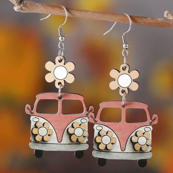 NIB- 2 sets ADORABLE VW Bus Earrings Hippie fun 60's retro Pink & yellow Cuties - Picture 3 of 5